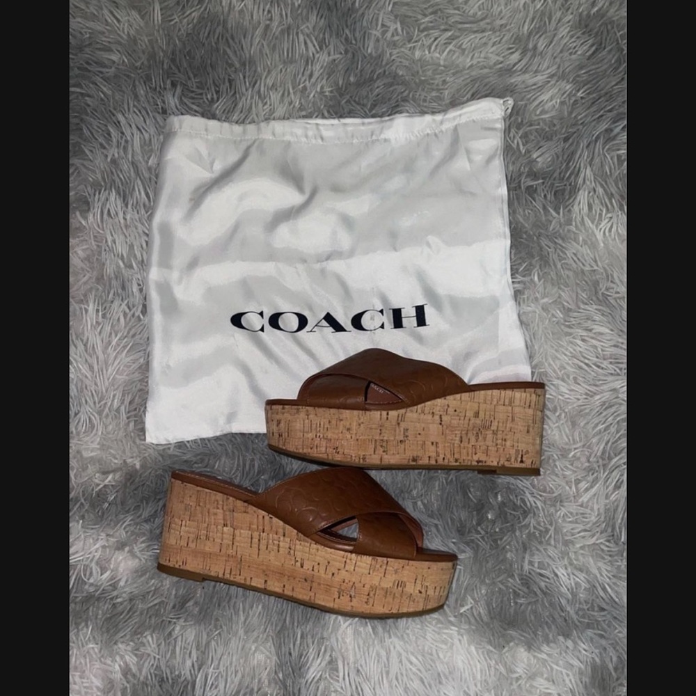 COACH Brown Cork Wedge Slide Sandals